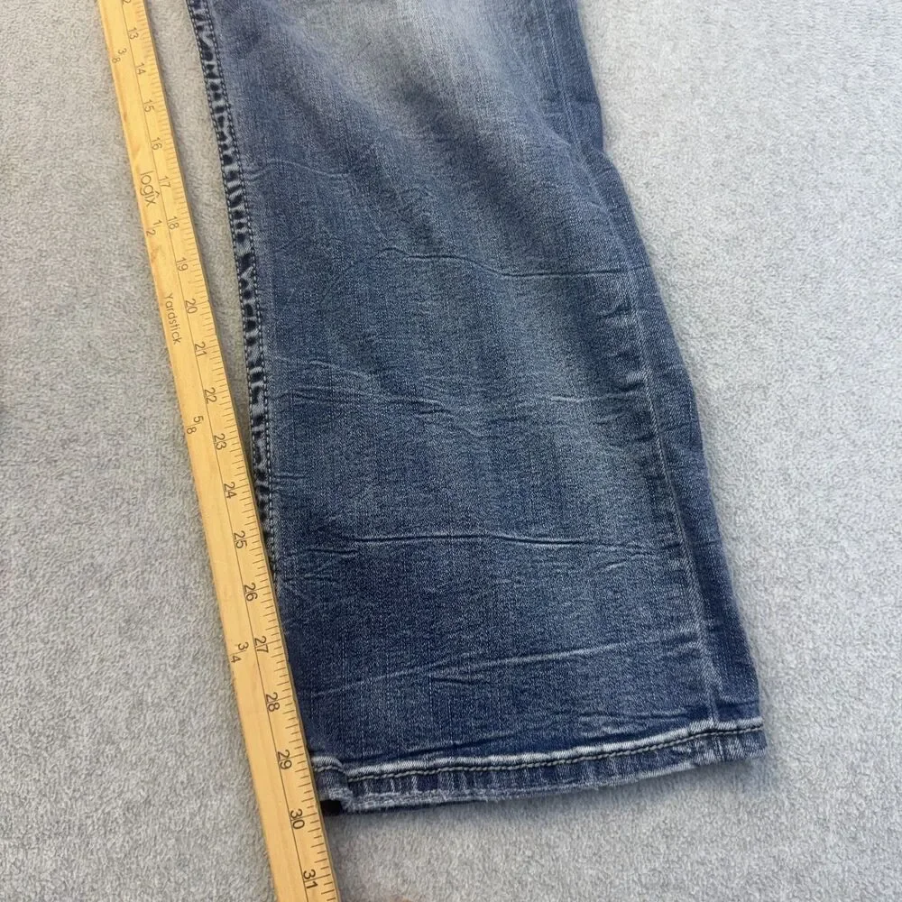 BKE Jeans Men's 42x32 Blue Straight Leg Whiskered Distressed Bootcut Relaxed